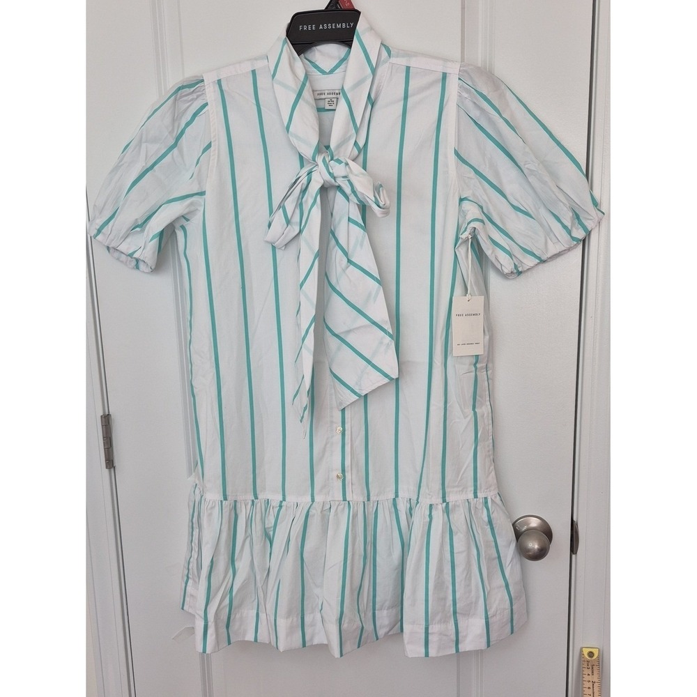 Free Assembly women's  White and Teal Striped Mini Dress with Neck Tie Size M